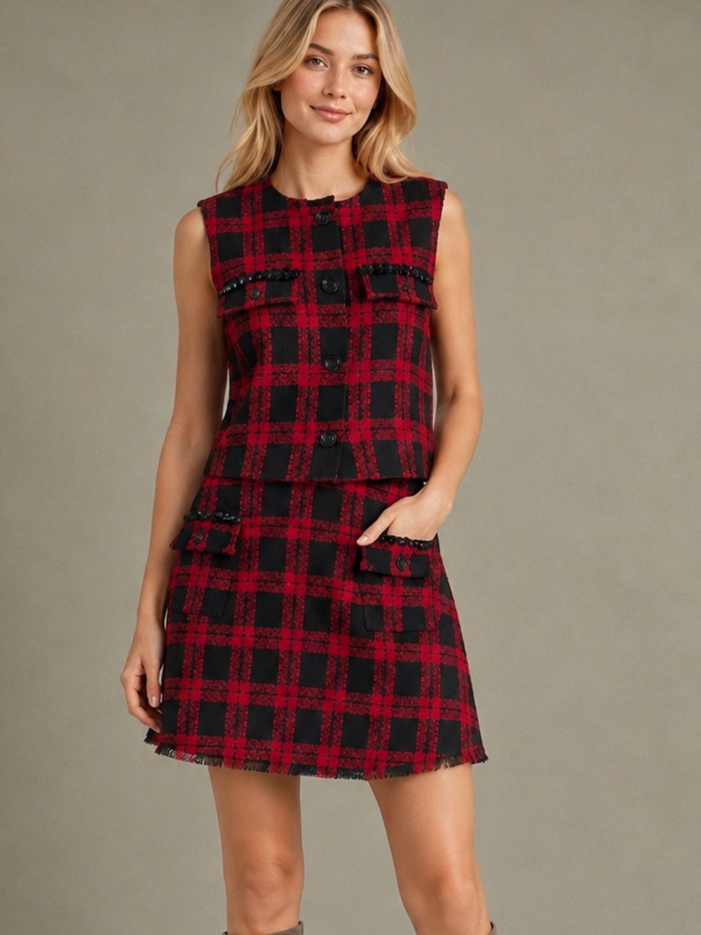 NWT Antonio Melani Selene Plaid Tweed Skirt Set Sz 8 Holiday Red Black